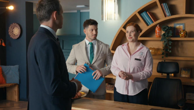 Barwy szczęścia, odcinek 3287. Bruno (Lesław Żurek), Justin (Jasper Sołtysiewicz), Sylwia (Anna Maria Kosik)