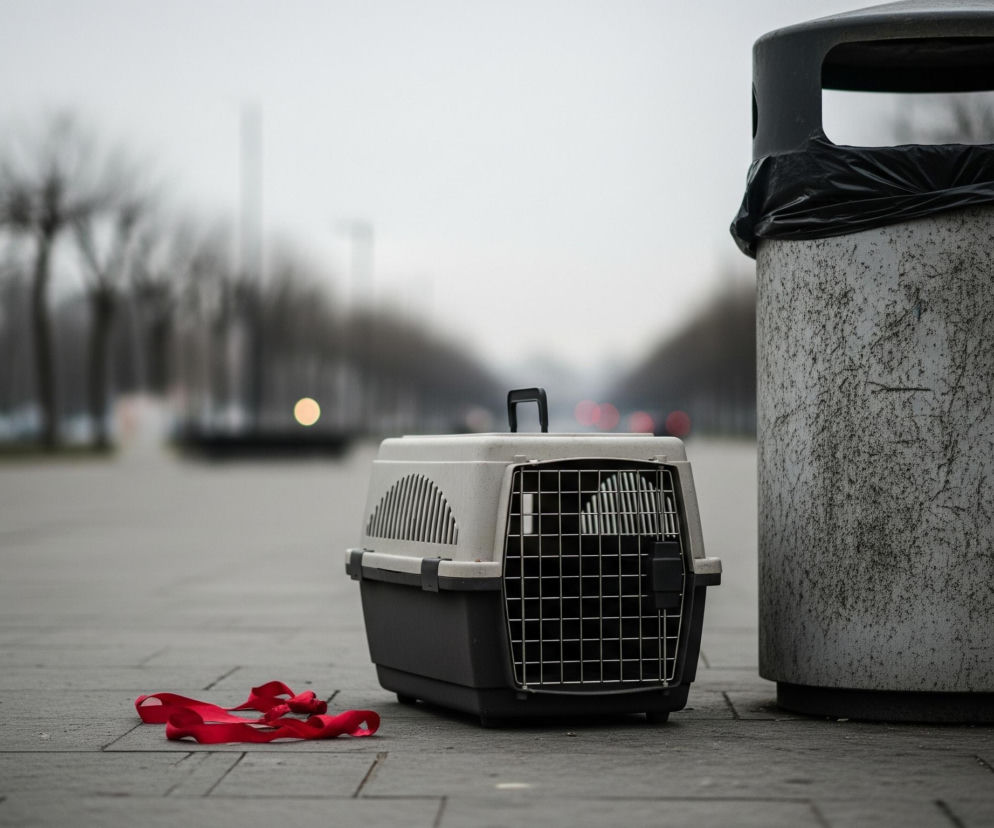 Na pierwszym planie, po prawej stronie, stoi betonowy kosz na śmieci z czarną pokrywą i czarnym workiem wystającym z otworu. Obok kosza, po lewej stronie, leży na chodniku jasnoszara klatka transportowa dla zwierząt z ciemnoszarą podstawą i metalową kratką z przodu. Przed klatką leży zwinięta czerwona wstążka. Tło jest rozmyte, ukazując szarą, pochmurną scenerię z niewyraźnymi sylwetkami drzew bez liści po obu stronach alei oraz kilkoma rozmazanymi światłami w oddali.