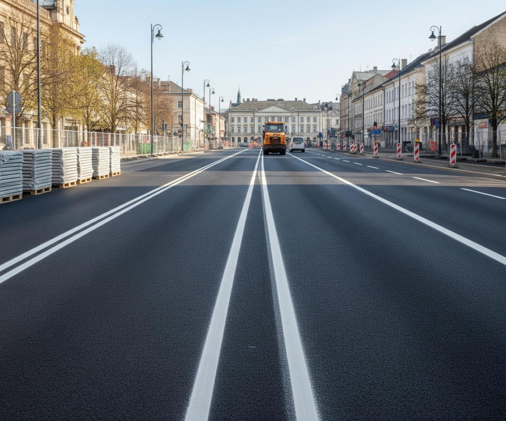 Na pierwszym planie widoczna jest szeroka, świeżo wyasfaltowana droga z wyraźnymi, białymi podwójnymi liniami ciągłymi biegnącymi przez środek oraz pojedynczymi liniami po bokach. Po lewej stronie drogi ułożone są stosy szarych, prostokątnych płyt na drewnianych paletach, za którymi wznosi się szereg fasad budynków o jasnej, piaskowej barwie. Po obu stronach jezdni rosną drzewa z młodymi, jasnozielonymi liśćmi, a także stoją słupy z latarniami ulicznymi o ozdobnych, zakrzywionych ramionach.

W oddali, na końcu drogi, widać duży, reprezentacyjny budynek o klasycystycznej architekturze, z centralną fasadą i licznymi oknami. Na jezdni w kierunku tego budynku porusza się pomarańczowa ciężarówka z otwartą skrzynią ładunkową, a za nią jasny samochód dostawczy. Po prawej stronie drogi znajdują się pomalowane na czerwono-białe pasy pachołki drogowe oraz siatkowe ogrodzenia, wskazujące na trwające prace budowlane lub remontowe.