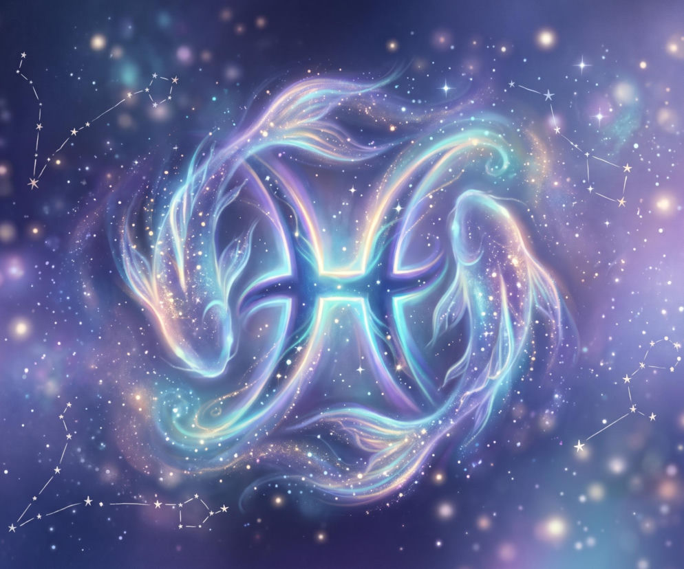 Dwie ryby płynące w kole na tle gwieździstego nieba z symbolem zodiaku. O horoskopie dla Ryb przeczytasz w Eska.