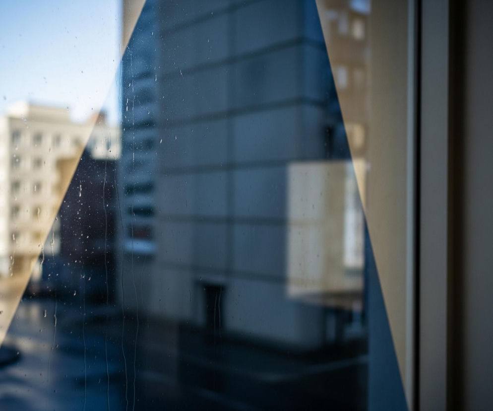 Przednia szyba, pokryta licznymi kroplami wody różnej wielkości, zajmuje większą część kadru. W tle widać rozmazany widok miejski, w którym dominują budynki: po lewej ciemny, współczesny wieżowiec z dużymi oknami, po prawej jaśniejszy, starszy budynek z wieloma mniejszymi oknami. Niebieskawe niebo jest widoczne pomiędzy budynkami, a w prawym rogu kadru widać pionowy fragment wewnętrznej ramy okiennej, w kolorze beżowo-szarym, graniczący z ciemną, zacienioną powierzchnią.