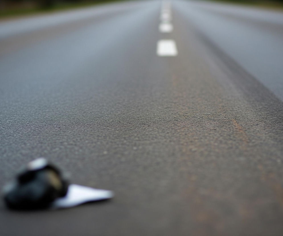 Głównym obiektem jest rozmyta, leżąca na ciemnym asfalcie czarno-biała czapka z daszkiem, znajdująca się w lewym dolnym rogu. Za czapką rozciąga się długa, prosta droga asfaltowa, z białymi, przerywanymi liniami pośrodku, biegnącymi w głąb kadru i zwężającymi się ku horyzontowi. Powierzchnia asfaltu jest szorstka i ciemnoszara, a horyzont rozmywa się w ciemne zielono-brązowe barwy, sugerujące drzewa lub roślinność po bokach drogi.