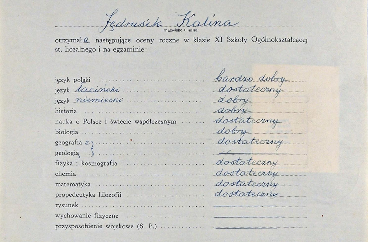 Świadectwo maturalne Kaliny Jędrusik z 1949 roku