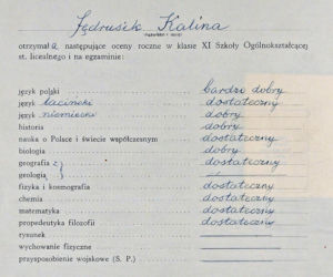 Świadectwo maturalne Kaliny Jędrusik z 1949 roku
