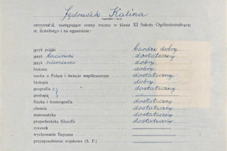 Świadectwo maturalne Kaliny Jędrusik z 1949 roku