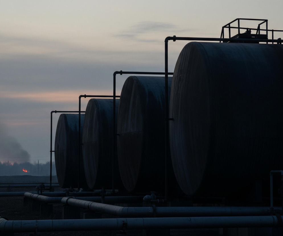 Cztery duże, poziome zbiorniki o cylindrycznym kształcie dominują prawą i środkową część kadru, ustawione w rzędzie, malejąco w perspektywie od prawej do lewej. Są one ciemne, niemal czarne, co sprawia wrażenie, że są one silnie zacienione lub wykonane z bardzo ciemnego materiału. Na ich powierzchniach widać ślady zacieków lub osadu, tworzące jaśniejsze, pionowe smugi. Z górnej części zbiorników wystają ciemne rury i metalowe konstrukcje, łączące je ze sobą oraz prowadzące w górę i na boki. W oddali, po lewej stronie horyzontu, widoczne są pomarańczowe płomienie i ciemny dym unoszący się nad linią drzew. Niebo jest szare z delikatnymi, różowymi przebarwieniami tuż nad horyzontem, sugerującymi zmierzch lub wschód słońca. Na pierwszym planie, u podstawy zbiorników, przebiegają liczne rury o jasnoszarej barwie.