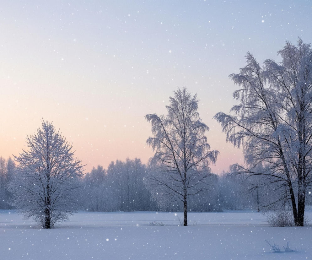 Zimowy krajobraz przedstawia zasypane śniegiem pole i las w tle, pod niebem o delikatnych, pastelowych odcieniach różu i błękitu. Na pierwszym planie, od lewej do prawej, widoczne są trzy drzewa z ośnieżonymi gałęziami, z czego największe, o rozłożystej koronie, znajduje się po prawej stronie. Delikatnie padający śnieg, w postaci rozmytych, białych punktów, wypełnia całą przestrzeń obrazu, tworząc magiczną atmosferę.