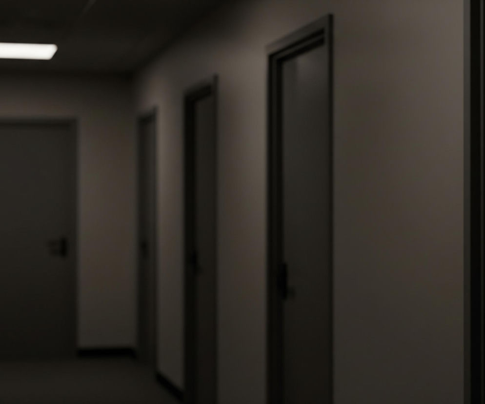 Wąski korytarz, oświetlony pojedynczą, prostokątną lampą sufitową, rozciąga się w głąb obrazu. Po prawej stronie widoczne są cztery szare drzwi z ciemnymi ościeżnicami i klamkami, ułożone w rzędzie, z czego najbliższe krawędzi obrazu są częściowo widoczne. Ściany korytarza oraz drzwi są w odcieniach szarości, a podłoga jest ciemnoszara, co tworzy stonowany i nieco mroczny nastrój. Oświetlenie z lampy rzuca delikatny blask, tworząc kontrast między jasno oświetlonym fragmentem sufitu a ciemniejszymi partiami korytarza.