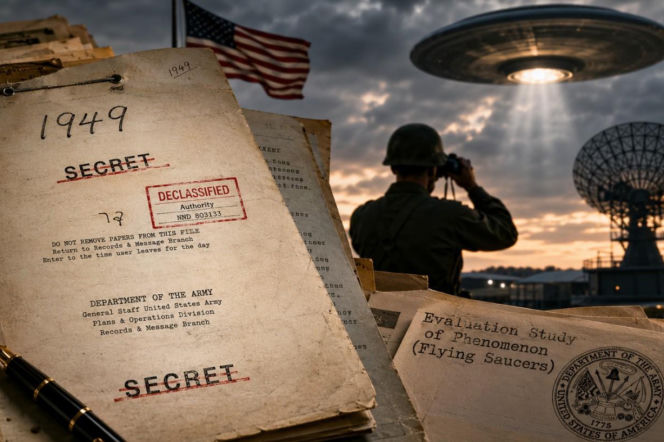 Stos nieodtajnionych akt wojskowych USA z pieczęciami „SECRET” i „DECLASSIFIED” z 1949 roku, z długopisem na pierwszym planie. W tle żołnierz obserwujący latający spodek nad radarem o zachodzie słońca, symbolizujący problem UFO w zimnej wojnie, o którym przeczytasz na naszym portalu.