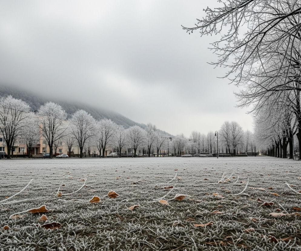 Zmarznięta, trawiasta równina, pokryta szarym szronem, rozciąga się w kierunku horyzontu. Na pierwszym planie widoczne są pojedyncze, suche liście w odcieniach brązu i pomarańczu, częściowo pokryte szronem, a także kilka białych, spiralnych fragmentów roślinności. Po lewej stronie równiny, w oddali, znajdują się budynki o jasnych elewacjach, a za nimi las częściowo zasłonięty mgłą. Wzdłuż prawej krawędzi obrazu biegnie rząd wysokich, bezlistnych drzew o ciemnych pniach i gałęziach, pokrytych delikatnym szronem, tworząc aleję, za którą widać ciemne ławki. Szare, zachmurzone niebo dominuje nad całością sceny, podkreślając zimową atmosferę.