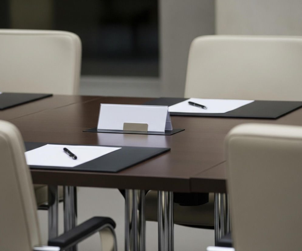 Ciemnobrązowy stół konferencyjny rozciąga się przez środek kadru, ustawiony w pomieszczeniu z licznymi kremowymi krzesłami. Na stole leżą czarne podkładki z białymi kartkami papieru i czarnymi długopisami, ułożone przed każdym miejscem. Na środku stołu, w pierwszym planie, stoi przezroczysty stojak z białym panelem. Krzesła, z kremową tapicerką, otaczają stół, niektóre z nich są wyraźnie widoczne, a inne częściowo zakryte. Tło jest rozmazane, ukazując niewyraźne, jasnoszare ściany i ciemniejsze, rozmazane elementy w głębi.
