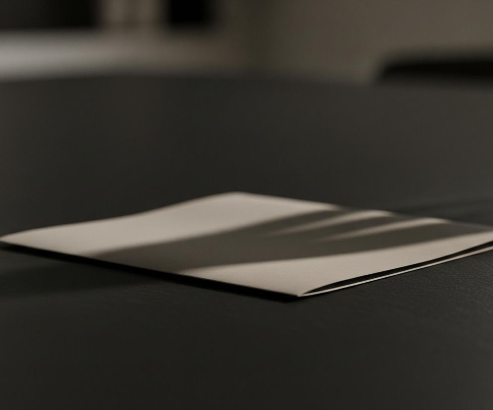 Na ciemnoszarym, teksturowanym blacie leży pojedyncza, złożona na pół kartka papieru w jasnobeżowym kolorze. Na kartce widoczny jest cień, przypominający kształtem dłoń lub liście rośliny, rzucający podłużne smugi. Górna część obrazu jest rozmazana i jaśniejsza, ukazując nieostre tło w odcieniach szarości i bieli, co sugeruje odbicie światła.