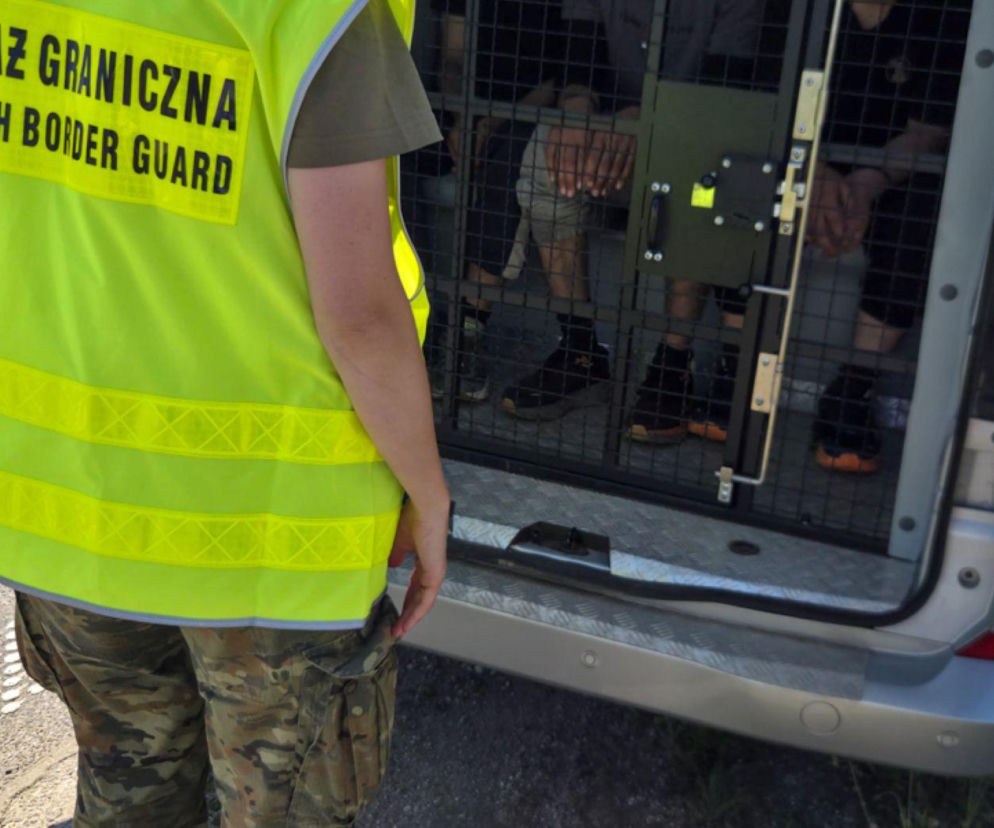 Funkcjonariusz Straży Granicznej w odblaskowej kamizelce stoi obok otwartego tyłu furgonetki z kratą, za którą widać nogi zatrzymanych migrantów. Szczegóły sprawy zatrzymania fałszywego kuriera, przewożącego nielegalnych migrantów, znajdziesz na naszym portalu.