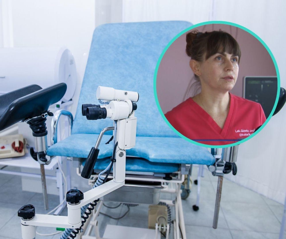 Gabinet ginekologiczny z niebieskim fotelem zabiegowym i kolposkopem. W prawym górnym rogu okrągłe zdjęcie dr Gizeli Jagielskiej, specjalistki położnictwa i ginekologii, której odejście ze szpitala w Oleśnicy wywołało kontrowersje, o czym przeczytasz na Poradnik Zdrowie.