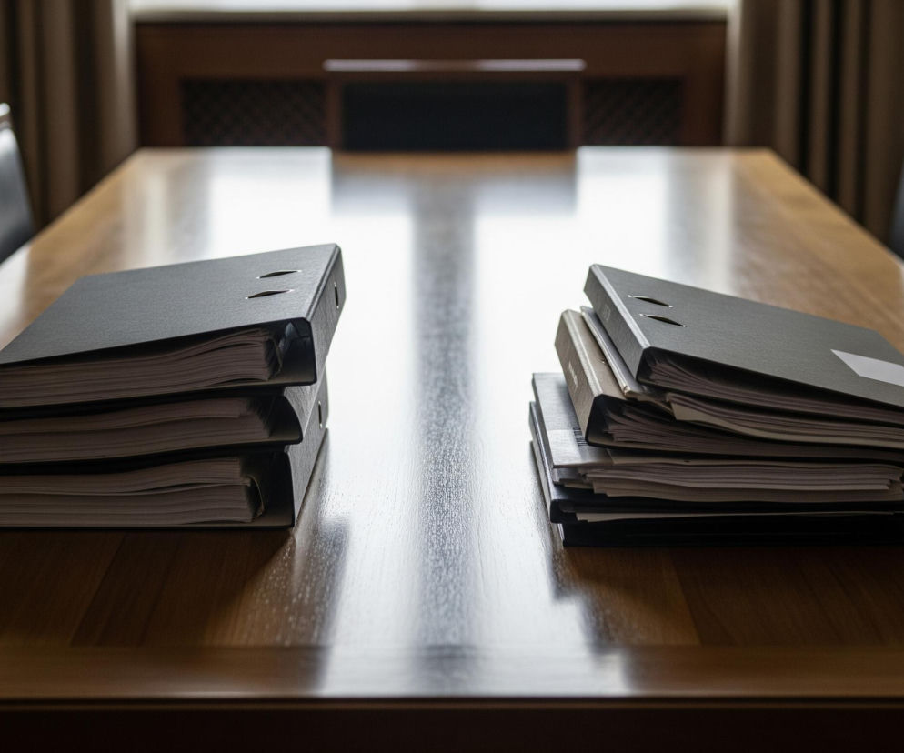 Na drewnianym, prostokątnym stole leżą dwie, równoległe do siebie, sterty segregatorów. Lewa sterta składa się z czterech identycznych, czarnych segregatorów, ułożonych równo jeden na drugim. Prawa sterta jest wyższa i składa się z pięciu lub sześciu segregatorów o różnej grubości i kolorze, z których górny jest czarny, a pozostałe są w odcieniach szarości i beżu, z widocznymi bokami stron wystającymi poza okładki. Blat stołu odbija światło w centralnej części, tworząc jasną smugę, a tło jest rozmyte, ukazując niewyraźne, ciemne kształty, przypominające krzesła z czarnym obiciem i ciemne zasłony w oknach.
