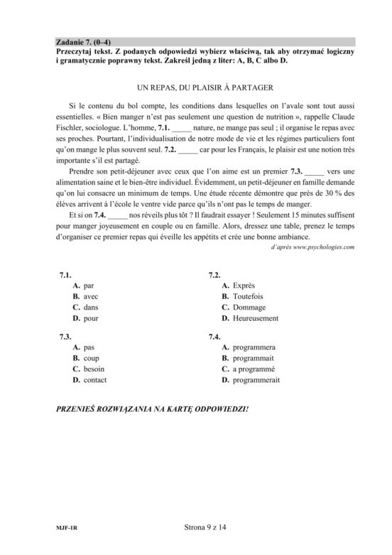 Matura 2020 AKUSZE CKE: j. francuski p. rozszerzony, 9