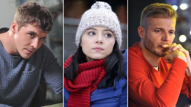 M jak miłość Marcin (Mikołaj Roznerski), Artur (Tomasz Ciachorowski), Iza (Adriana Kalska)