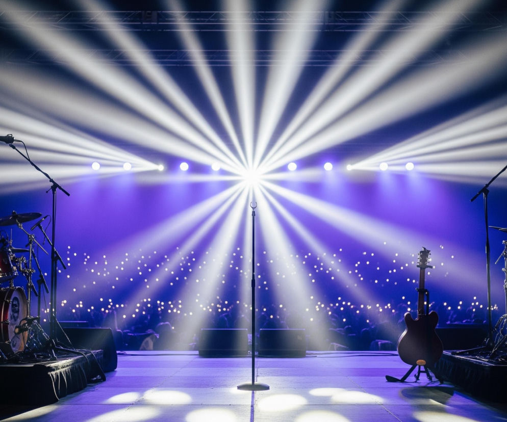Centralnym punktem sceny jest stojący mikrofon, otoczony białymi, rozchodzącymi się promieniami światła, tworzącymi efekt wachlarza na ciemnym, fioletowo-niebieskim tle. Po lewej stronie mikrofonu widoczny jest brązowo-czerwony zestaw perkusyjny, a po prawej stronie czarno-brązowa gitara elektryczna na statywie. Za instrumentami rozciąga się rzesza ludzi, których głowy są zaznaczone przez jasne punkty, prawdopodobnie światełka z telefonów, wszystko to skąpane w fioletowym blasku.