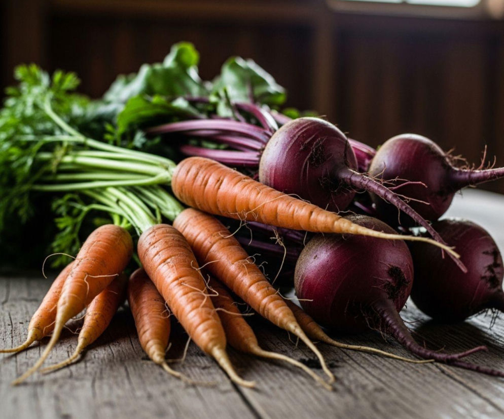 Świeże, ekologiczne warzywa: marchewki i buraki z liśćmi, ułożone na szarym drewnianym stole. Zdjęcie ilustruje temat rosnącego rynku eko w Polsce i nowe perspektywy dla rolnictwa, o czym przeczytasz na Super Biznes.