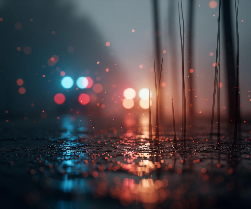 Nocna scena ukazuje mokrą, odblaskową nawierzchnię drogi, która zajmuje dolną połowę obrazu. Na drodze odbijają się rozmyte światła w odcieniach czerwieni, pomarańczy i błękitu, tworząc efekt bokeh. W tle widoczne są również rozmyte źródła światła, w tym wyraźne, niebiesko-czerwone światła pojazdu uprzywilejowanego po lewej stronie oraz cieplejsze, pomarańczowo-białe światła po prawej. Liczne małe, czerwone punkty światła, również rozmyte, rozproszone są po całym obrazie, nadając mu atmosferę deszczowej nocy. Pionowe, ciemne linie, przypominające wysokie trawy lub trzciny, delikatnie zarysowują się po prawej stronie kadru, natomiast po lewej stronie, bliżej krawędzi, znajduje się ciemny, pionowy obiekt.