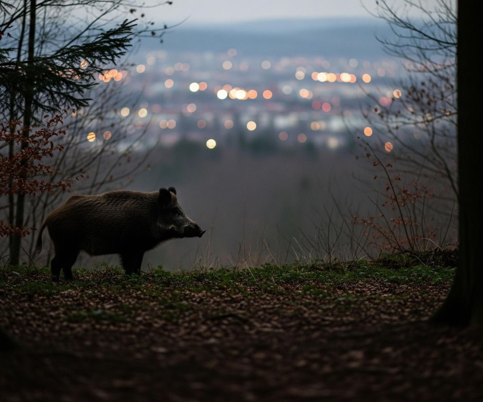Dzik z ciemną sierścią stoi na zboczu wzgórza pośrodku obrazu, zwrócony w prawo. Po obu stronach widoczne są ciemne, smukłe pnie drzew, a u góry obrazu rozciąga się korona iglastego drzewa. Tło stanowią rozmyte, jasne światła miejskie w odcieniach pomarańczu i bieli, unoszące się nad ciemnym lasem. Przed dzikiem i drzewami ziemia jest pokryta ciemnymi liśćmi i kępami zielonej trawy.