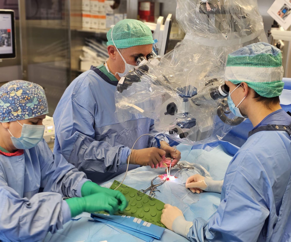 Lekarze w maskach, czepkach i fartuchach operacyjnych, skupieni nad pacjentem, podczas przełomowej hybrydowej operacji usunięcia guza z kręgosłupa 4-latka w CZD. Jeden z chirurgów korzysta z mikroskopu, drugi trzyma narzędzie operacyjne. Nowoczesne technologie w służbie zdrowia, o czym przeczytasz na Poradnik Zdrowie.