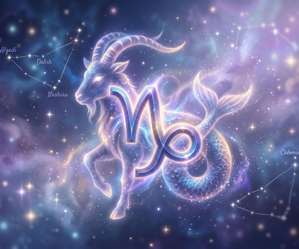 Świecący znak zodiaku Koziorożec na tle galaktyki z nazwami gwiazd. O horoskopie dziennym przeczytasz w serwisie Eska.