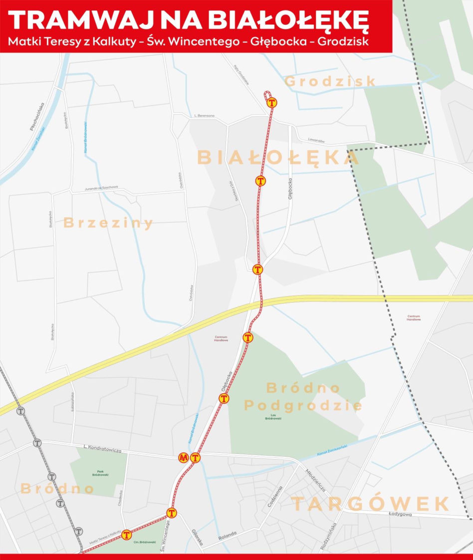 Tramwaj na Zieloną Białołękę – mapa