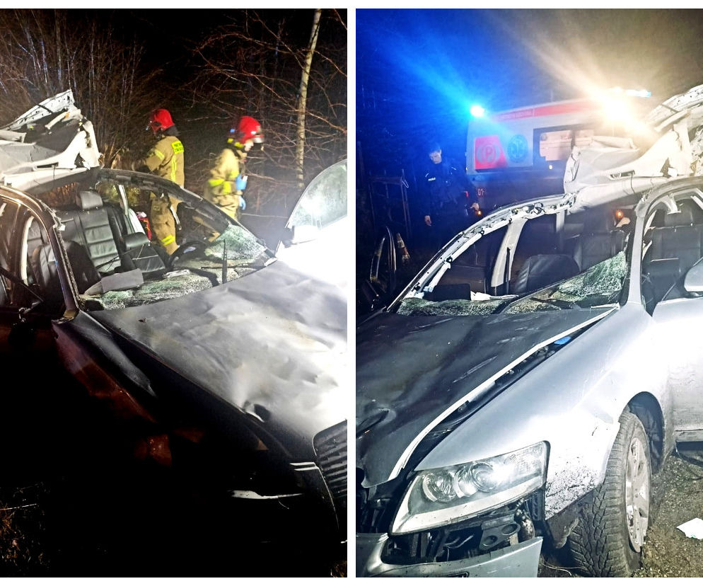 Groźny wypadek w Szymankach. Auto roztrzaskało się po zderzeniu z łosiem [ZDJĘCIA]