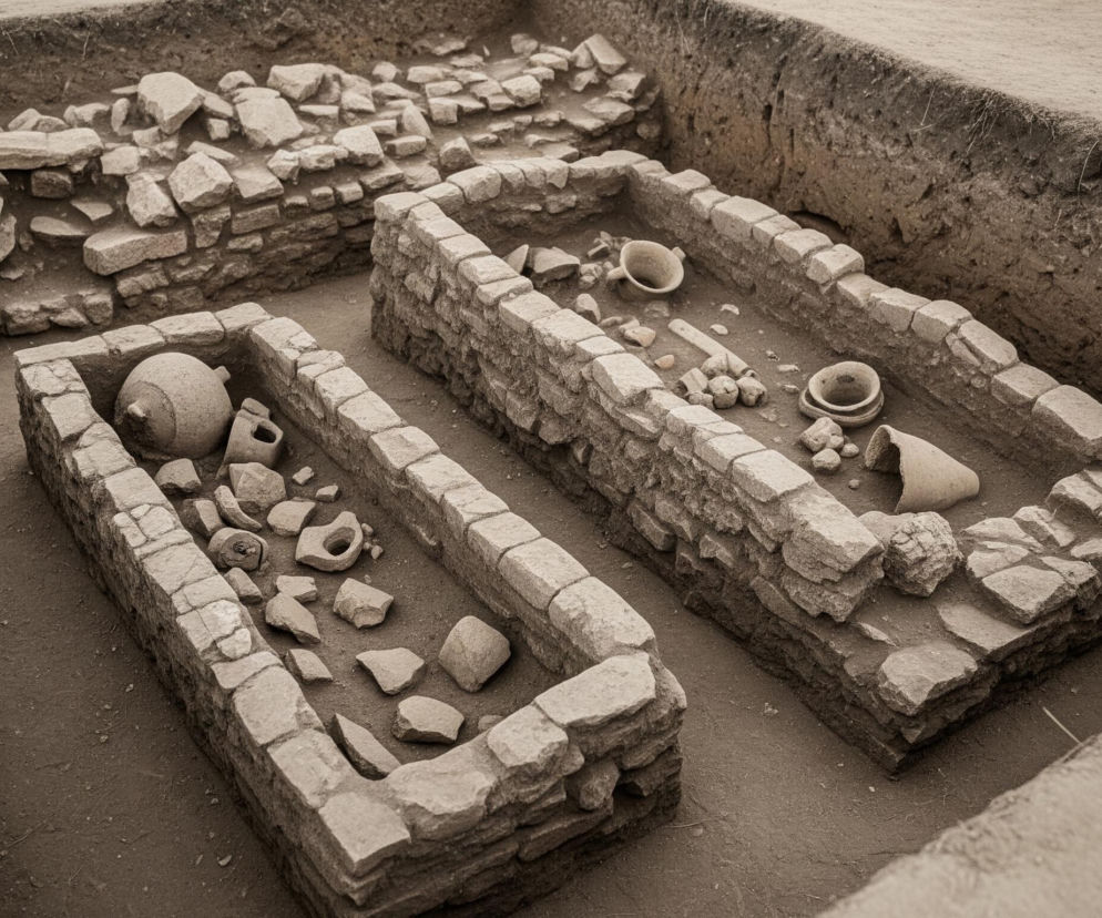 Wykopaliska archeologiczne ukazują dwie prostokątne konstrukcje zbudowane z nieregularnych kamiennych bloków, zagłębione w ziemi. Obie konstrukcje zawierają fragmenty ceramiki i drobne kamienie leżące na piaszczystym dnie. Lewa konstrukcja jest bliżej widza, zawiera dużą, owalną wazę i mniejsze, potłuczone naczynia, podczas gdy prawa ma kilka mniejszych naczyń i kamieni rozsianych po jej wnętrzu. Otoczenie wykopu to piaszczysta ziemia o odcieniach brązu i szarości, z widocznymi warstwami gleby na ścianach.