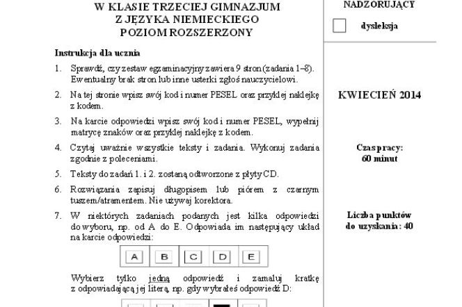 EGZAMIN GIMNAZJALNY 2014 JĘZYK NIEMIECKI - ARKUSZE z CKE poziom ROZSZERZONY