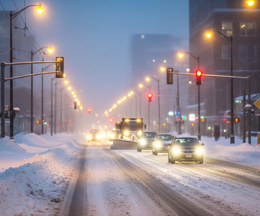 Zasypana śniegiem ulica w nocy, oświetlona pomarańczowymi światłami ulicznymi i czerwonymi sygnalizacjami świetlnymi, rozciąga się w głąb obrazu. Droga pokryta jest błotem pośniegowym i śladami opon, a po obu jej stronach leżą wysokie zaspy śniegu. W centrum drogi jedzie kilka samochodów z włączonymi jasnymi reflektorami, a jeden z nich to pług śnieżny. Cała scena jest rozmyta przez padający gęsty śnieg, który odbija światło, tworząc efekt mgły.