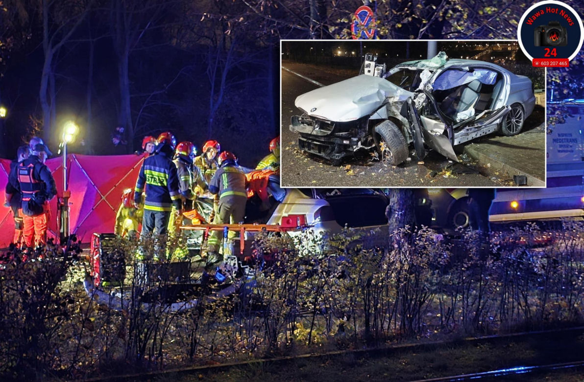 Potworny wypadek w Warszawie. BMW roztrzaskane o drzewo, kierowca zakleszczony