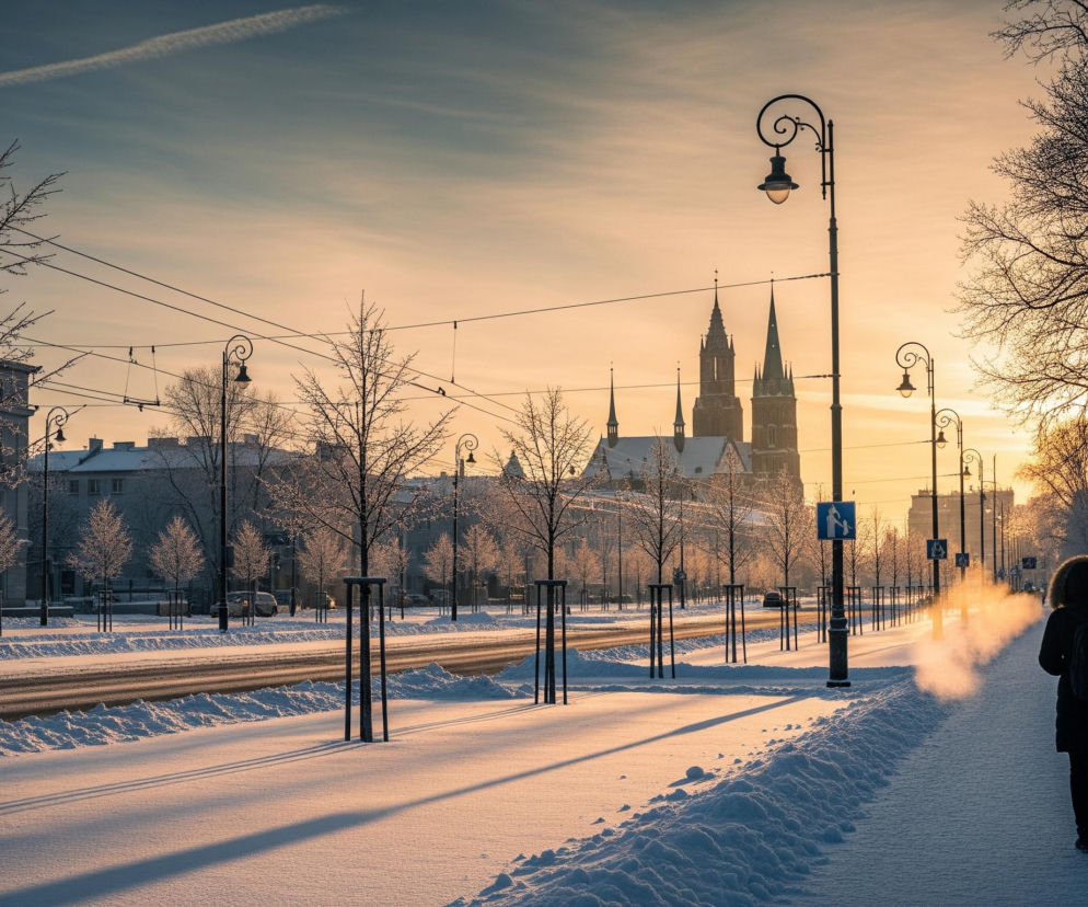Kobieta w ciemnej kurtce z futrzanym kapturem i plecakiem idzie ośnieżonym chodnikiem w stronę zachodzącego słońca, które rzuca długie cienie na śnieg. Po prawej stronie drogi stoją latarnie uliczne z ozdobnymi, zawijanymi ramionami, a za nimi widać dwa wysokie, spiczaste dachy katedry. Drzewa po obu stronach ulicy są pokryte śniegiem i szronem, a na drodze, widocznej w tle, ruch jest niewielki. Niebo stopniowo przechodzi od ciemniejszego błękitu na górze do jasnego, pomarańczowego blasku zachodzącego słońca.