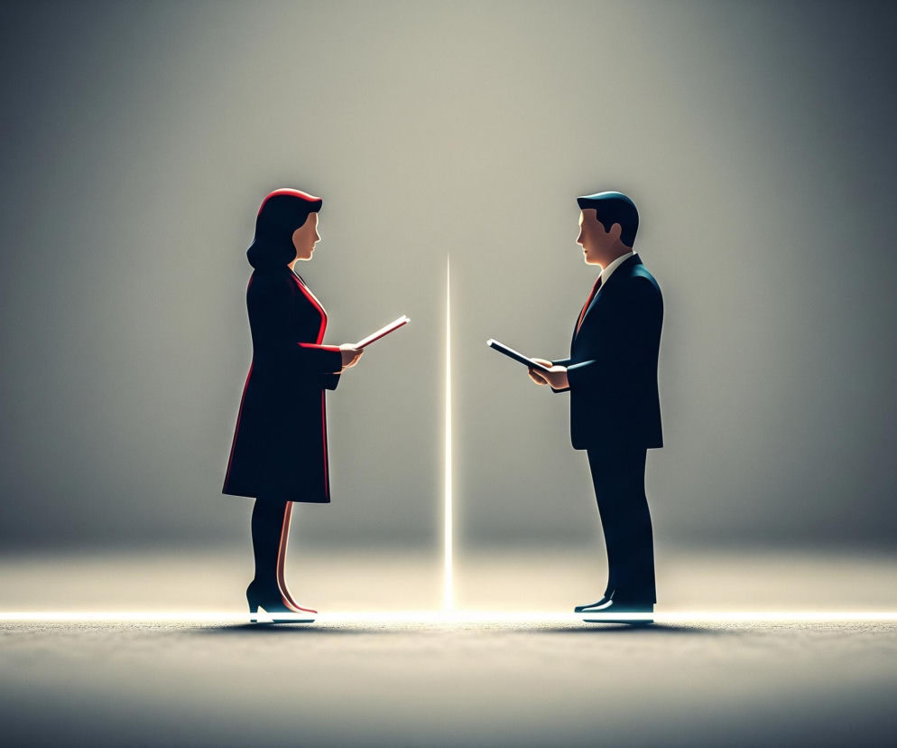 Sylwetki kobiety i mężczyzny stoją naprzeciwko siebie w jasnym, minimalistycznym otoczeniu, rozdzielone pionową smugą światła. Kobieta po lewej ma ciemne włosy, ubrana jest w ciemną marynarkę i spódnicę, trzyma w dłoniach dokumenty w odcieniach czerwieni i pomarańczu. Mężczyzna po prawej, w ciemnym garniturze i krawacie, również trzyma w dłoniach dokumenty, w odcieniach szarości i błękitu. Obie postaci są podświetlone od przodu, tworząc cienie za nimi i subtelne odbicia światła na ich konturach oraz na dokumentach, które trzymają.