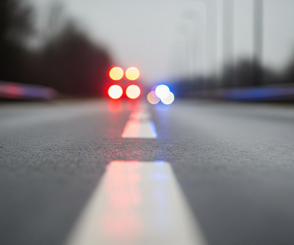 Ulica z rozmytymi światłami w oddali jest głównym elementem obrazu. Biała, podwójna linia ciągła biegnie środkiem drogi, tworząc perspektywę zbiegającą się w górnej części kadru. Asfalt jest mokry, z widocznymi refleksami czerwonych i niebieskich świateł, rozciągających się od linii ciągłej. W tle znajdują się rozmyte kształty drzew i słupów, a atmosfera jest szara i zamglona.