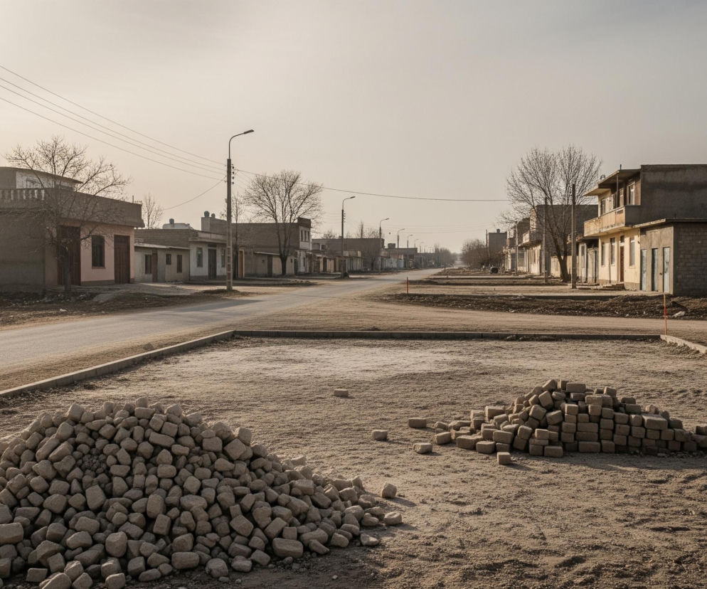 Ulica z asfaltową nawierzchnią rozchodzi się na rozwidleniu, tworząc kształt litery Y, z drogami prowadzącymi w głąb perspektywy i otoczonymi budynkami po obu stronach. Na pierwszym planie, po lewej stronie drogi, leży duża kupa jasnoszarych kamieni o nieregularnych kształtach, a po prawej mniejsza sterta podobnych, ale bardziej regularnych, prostokątnych kostek brukowych na szorstkim, piaszczystym terenie. Budynki w tle są głównie dwukondygnacyjne, o prostych fasadach w odcieniach szarości i beżu, z widocznymi oknami i drzwiami, a pomiędzy nimi rosną nagie drzewa z widocznymi gałęziami, bez liści. Całość oświetla stonowane, naturalne światło dzienne, a niebo jest jasne, o jednolitym, jasnobeżowym kolorze, z kilkoma liniami kabli elektrycznych przecinającymi górną część kadru.