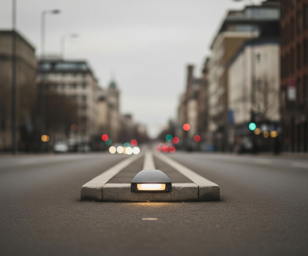 Na pierwszym planie, centralnie, widoczny jest czarny, zaokrąglony punkt świetlny osadzony w szarym, prostokątnym elemencie betonowym, który oddziela dwa pasy ruchu asfaltowej drogi. Punkt emituje ciepłe, pomarańczowe światło, rozjaśniające bezpośrednie otoczenie. W tle rozciąga się miejska ulica, z niewyraźnymi budynkami po obu stronach i rozmazanymi światłami samochodów oraz sygnalizacji świetlnej w oddali, z dominującymi czerwonymi i zielonymi światłami. Całość skąpana jest w stonowanych barwach pochmurnego dnia, a szczegóły stają się coraz mniej wyraźne w miarę oddalania się od pierwszego planu.