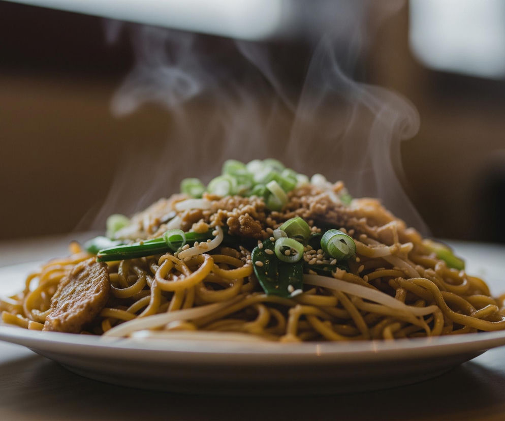 Głównym obiektem jest biały, okrągły talerz wypełniony stir-fry z makaronu, z którego unoszą się smugi pary. Makaron jest koloru złotobrązowego, a na jego wierzchu znajdują się pokrojone zielone cebulki, kiełki fasoli oraz małe brązowe kawałki mięsa lub tofu, posypane sezamem. Talerz spoczywa na jasnym, drewnianym stole, a tło jest rozmyte, z widocznymi ciemniejszymi obszarami i nieostro zarysowanymi oknami, przez które wpada delikatne światło.