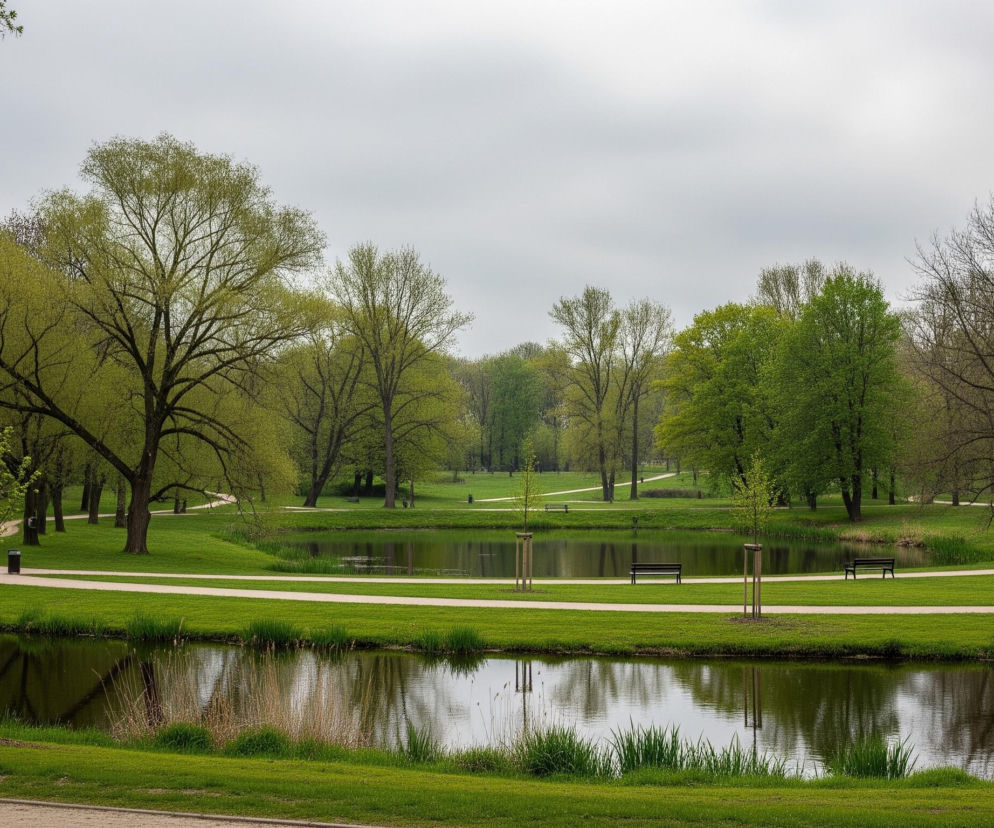 Rozległy park z bujną zielenią dominują nad obrazem, przedstawiając wijące się ścieżki i liczne drzewa o jasnozielonych liściach. W centrum znajduje się ciemnozielony staw, otoczony trawiastymi brzegami i kilkoma młodymi drzewami, podpartymi drewnianymi palami. Po obu stronach stawu widoczne są puste, ciemne ławki parkowe, ustawione wzdłuż ścieżek, które zakręcają i giną w oddali. Niebo jest pochmurne, w odcieniach szarości, co kontrastuje z intensywną zielenią trawy i drzew.