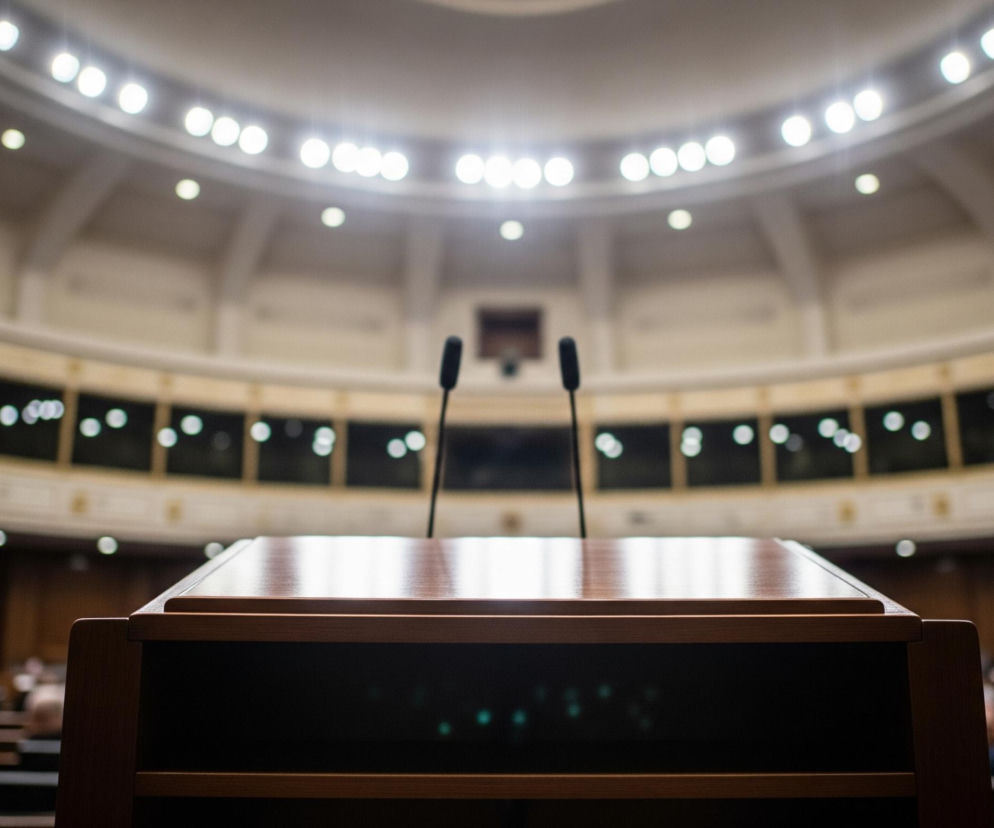 Na pierwszym planie znajduje się drewniana mównica o ciemnobrązowym blacie, na którym odbija się światło z góry. Zza mównicy wystają dwa czarne mikrofony. Tło przedstawia wnętrze dużej, owalnej sali z rzędami siedzeń i stołów, na których widać rozmazane sylwetki ludzi, głównie w ciemniejszych ubraniach. Sufit jest jasny, z licznymi okrągłymi, białymi lampami rozmieszczonymi w rzędach, oświetlającymi pomieszczenie.