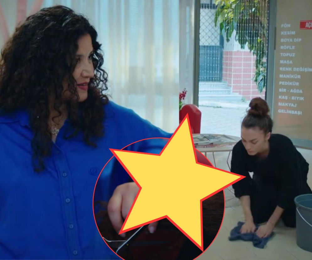 Cansel w niebieskiej koszuli z kręconymi włosami w salonie fryzjerskim, spoglądająca w prawo, obok niej Nana w czarnym stroju, klęcząca i wycierająca podłogę. Obie postacie z serialu Dziedzictwo, o których czytasz na stronie Super Seriale.