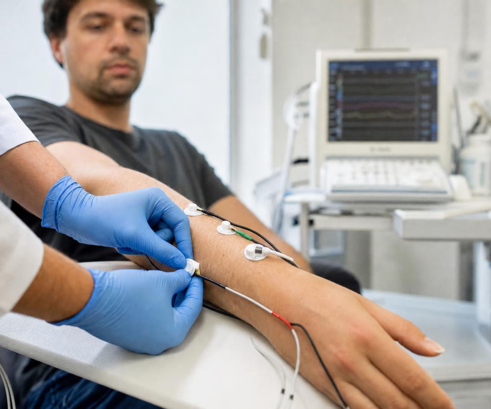 Dłonie lekarza mocują elektrody do przedramienia pacjenta. O badaniu EMG przeczytasz na Poradnik Zdrowie.