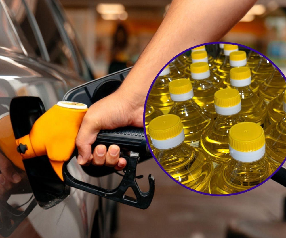 Ręka tankująca samochód pistoletem paliwowym. Obok, w okręgu, widoczne butelki z olejem roślinnym. Grafika symbolizuje dylemat Polaków, czy tankować drogi diesel, czy oszczędzać kupując olej spożywczy. Więcej o tym na Super Biznes.