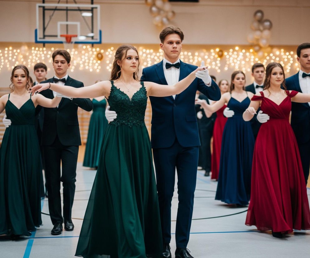 Grupa młodych ludzi w eleganckich strojach tańczy w dużej hali sportowej. Na pierwszym planie pośrodku stoi para: kobieta w długiej, ciemnozielonej sukience z koronkowymi ramiączkami i dekoltem w serek, oraz mężczyzna w granatowym garniturze z muszką, oboje w białych rękawiczkach trzymający się za ręce. Za nimi i po bokach widoczne są kolejne pary, niektóre kobiety ubrane są w podobne długie suknie w kolorach bordowym i granatowym, a mężczyźni w garnitury.

Tło sceny stanowi ściana hali udekorowana girlandami z ciepłych, małych światełek oraz klastrami balonów w odcieniach złota i srebra, a także obręcz do koszykówki z tablicą. Podłoga sali jest jasna, z widocznymi niebieskimi i czerwonymi liniami boiska. Wszyscy tańczący wydają się skupieni na układzie, a ich spojrzenia są skierowane przed siebie.