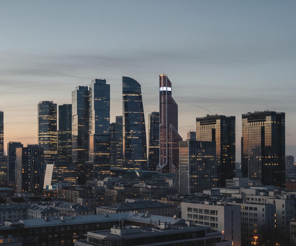 Panoramę miasta przedstawia widok na liczne wieżowce i niższe budynki pod zachmurzonym niebem o zmierzchu. W centrum i górnej części kadru dominuje grupa nowoczesnych drapaczy chmur o szklanych fasadach, z których wiele ma podświetlone okna. Jeden z wieżowców po prawej stronie ma unikalny, zakrzywiony kształt z czerwonawymi elementami i jasnymi, białymi panelami na szczycie. Poniżej wieżowców rozciąga się miejska zabudowa z niższymi budynkami mieszkalnymi i biurowymi, również z widocznymi światłami w oknach, tworzącymi ciepły, pomarańczowy blask kontrastujący z chłodnym błękitem nieba. Horyzont na lewej stronie ukazuje delikatny pomarańczowy pasek, wskazujący na zachodzące słońce, podczas gdy reszta nieba jest szaro-niebieska z widocznymi smugami chmur.