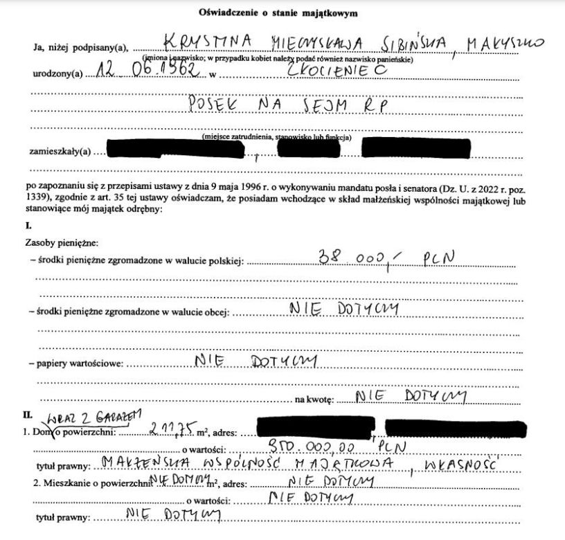 Fragment oświadczenia majątkowego