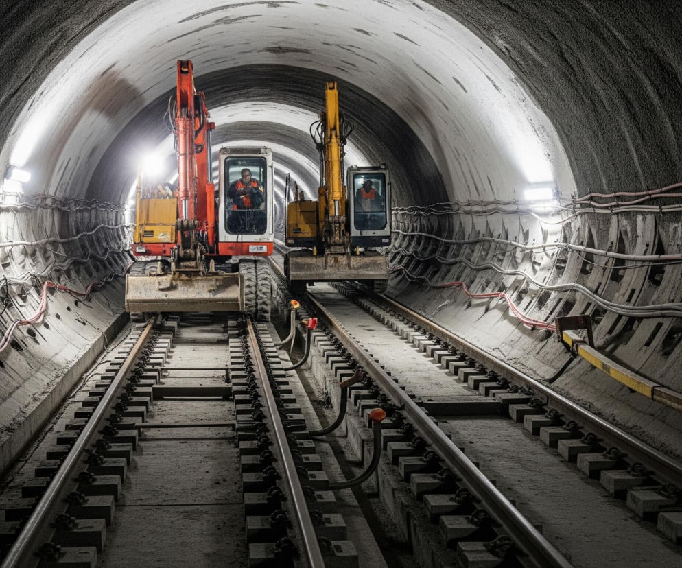 Dwa ciężkie sprzęty budowlane, koparki w kolorze pomarańczowo-białym oraz żółto-białym, stoją na torach kolejowych wewnątrz betonowego tunelu, tworząc perspektywiczny widok w głąb. Operatorem pomarańczowo-białej koparki jest mężczyzna w pomarańczowej kamizelce, a w żółto-białej koparce siedzi również mężczyzna w pomarańczowej kamizelce. Tunel o łukowatym sklepieniu jest oświetlony rzędami białych lamp po obu stronach. Wzdłuż ścian tunelu biegną rzędy czarnych i czerwonych kabli przymocowanych do betonowych paneli.