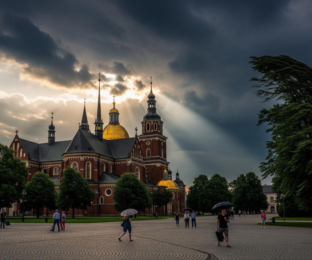 Na zdjęciu dominują ciemne, burzowe chmury, częściowo rozświetlone przez przebijające się promienie słońca, które tworzą smugi światła na niebie i oświetlają złotą kopułę centralnego budynku. Centralnym punktem jest okazała, ceglana budowla z licznymi wieżami, z których niektóre mają spiczaste dachy zwieńczone krzyżami, a inne - kopuły w kolorze złotym. Budynek otaczają rzędy zielonych drzew, oddzielające go od rozległego brukowanego placu, po którym poruszają się pojedyncze postaci. Niektórzy przechodnie niosą parasole, co sugeruje możliwy deszcz lub silne słońce, natomiast po prawej stronie widać samotne, wysokie drzewo o bujnej zielonej koronie, uginające się pod wpływem wiatru, co kontrastuje z ciemnym niebem.
