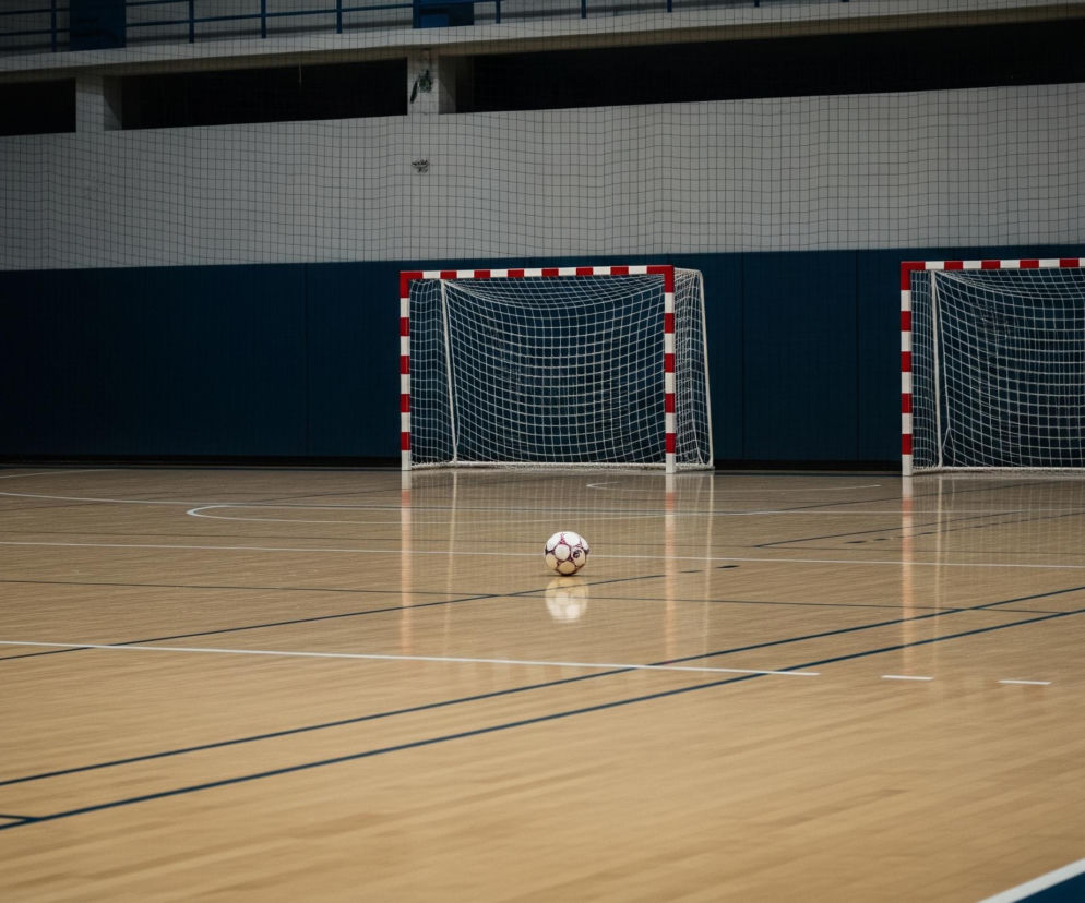Piłka leży na lśniącej, drewnianej podłodze boiska, z wyraźnymi białymi i ciemnymi liniami znaczącymi obszary gry. W tle stoją dwie identyczne bramki z białymi siatkami i naprzemiennymi czerwono-białymi słupkami. Ściana za bramkami jest ciemnoniebieska na dole i szara powyżej, z siatką ochronną pokrywającą górną część. Nad siatką widoczne są fragmenty ciemnych trybun i białych konstrukcji.